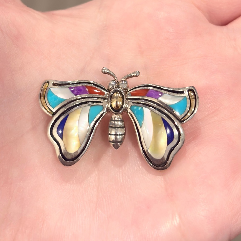 Grossbardt Southwestern Butterfly Pendant/Brooch, Colorful Inlay 925 18K Luxury - Picture 3 of 15